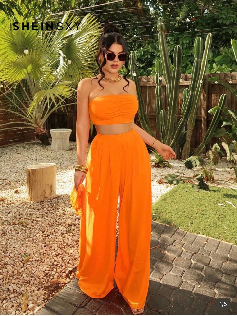 SHEIN Vibrant Orange Strapless Ruched Crop Top & Wide Leg Pants Set